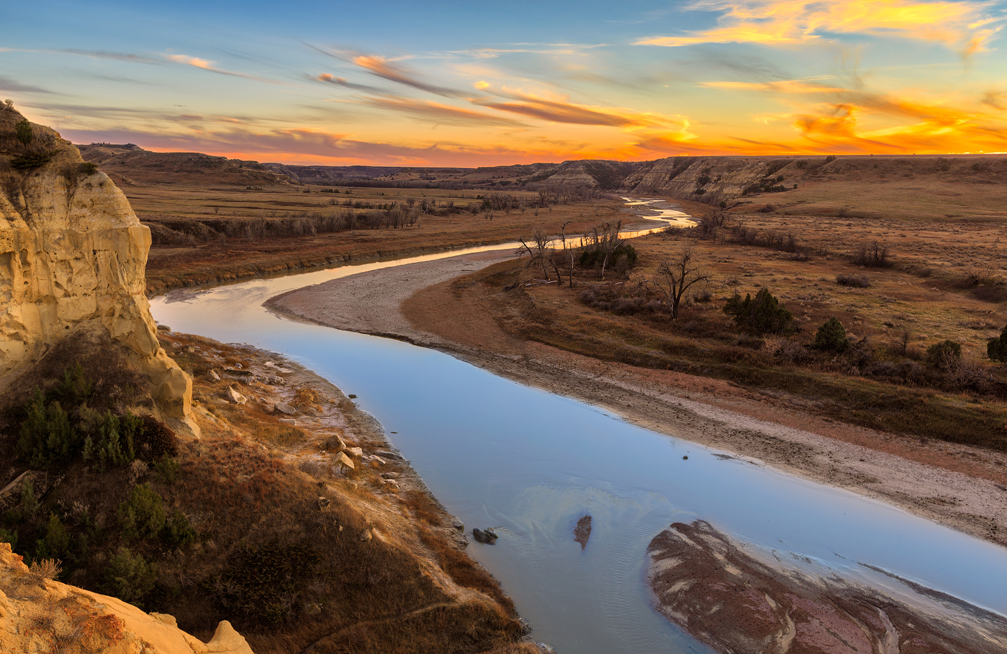 River in Theodore Roosevelt National park during sunset