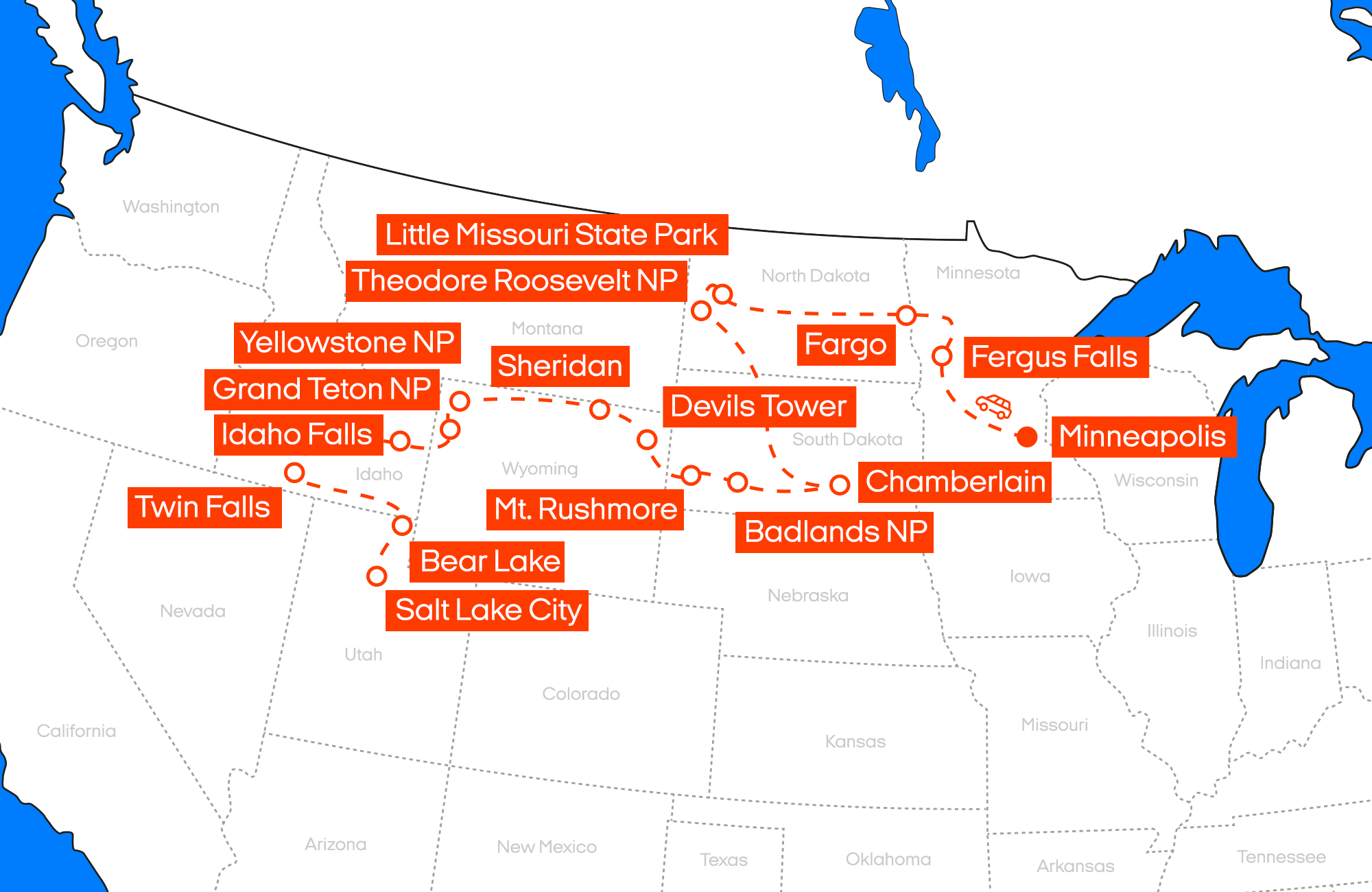 Road Trip Itinerary through the Great American West from Minneapolis to Salt Lake City